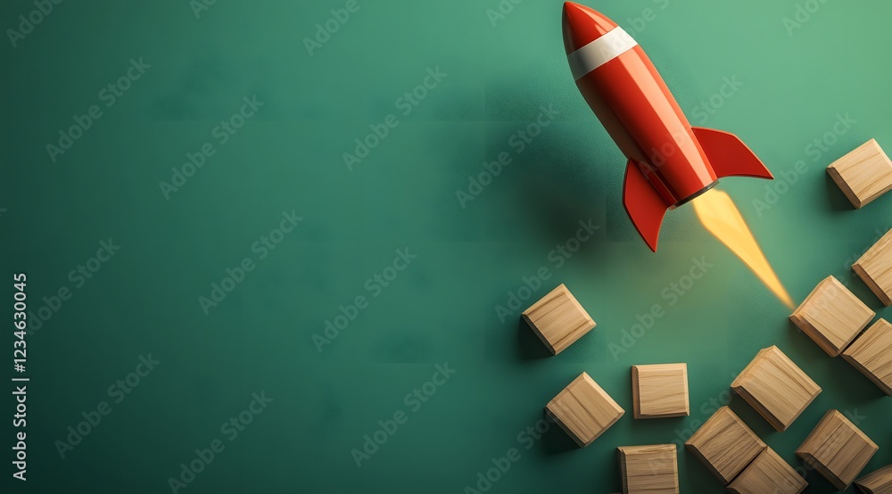Aufkleber 3d rendering of a red rocket flying over wooden blocks space exploration technology concept modern d