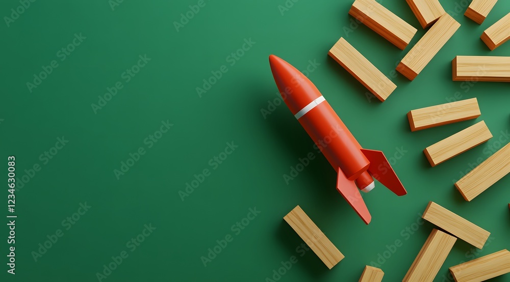 Aufkleber red rocket flying over wooden blocks in 3d rendering space exploration technology concept futuristic