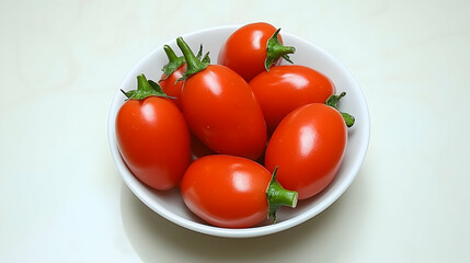 Ripe red tomatoes in a white bowl on a kitchen counter, ready for cooking or eating
