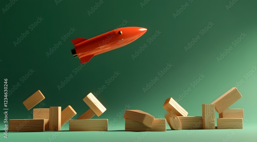 Aufkleber futuristic 3d rendering of a red rocket flying over wooden blocks space exploration technology conce