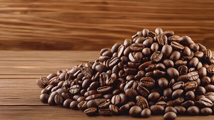 Fototapeta premium Roasted coffee beans on wood, rich aroma, dark brown background, ideal for cafe menu or packaging