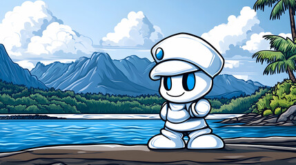 Robot enjoying tropical beach view, mountains background; ideal for tech, travel, or kids' content