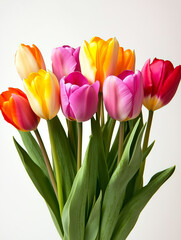 Bouquet of delicate multi-colored tulips close up. Spring yellow, red and pink flowers with green leaves. Bouquet for March 8, Mother's Day.