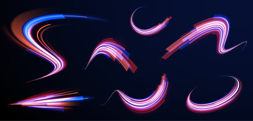 Fototapeta premium Creative vector illustration of flying cosmic meteor, planetoid, comet, fireball isolated on transparent background. Effect, png, wave,neon,line. Light arc in neon colors, in the form of a turn. 