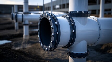 Industrial Piping System: Close-up of a Modern White and Dark Gray Pipe Network