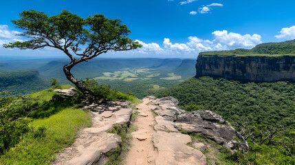 Naklejka premium Scenic mountaintop trail overlooking valley, lush green landscape, and distant cliffs. Ideal for travel brochures