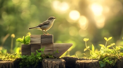 Minimalist design of a bird standing on an upward-pointing arrow growth progress and success...