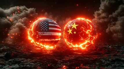 Fiery Spheres Representing Two Country Flags Clashing Amidst Dark Clouds and a Cityscape