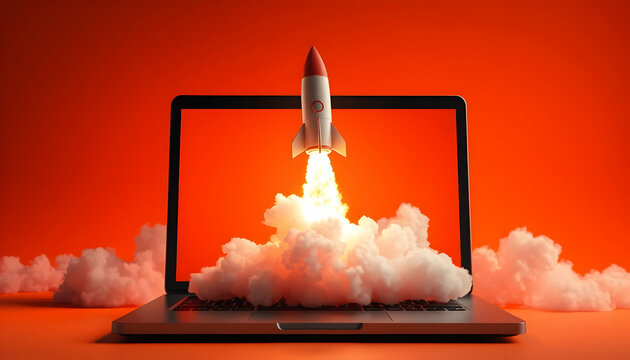 Rocket launching from laptop screen, digital art, 3D rendering, smoke and fire effects, vibrant orange background, realistic laptop model, space exploration concept, dynamic composition, high contrast