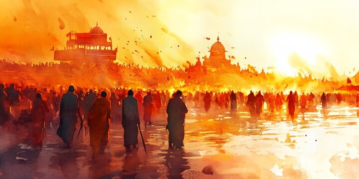 Watercolor illustration of maha kumbh mela spiritual pilgrimage.