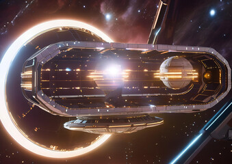 A futuristic space station orbiting a distant planet, with high-tech docking bays and glowing energy shields.