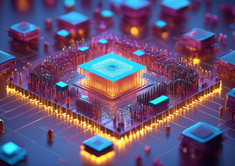 A holographic blueprint of a next-generation quantum computer, surrounded by AI engineers.