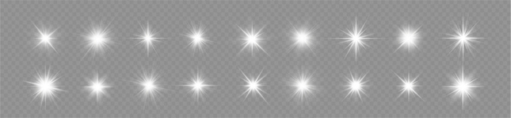 Sunlight, abstract special effect. Light effect set. Isolated white transparent light effect set, lens flare, explosion, dust, line, sun flash, spark and stars, spotlight, curve twirl, png. 