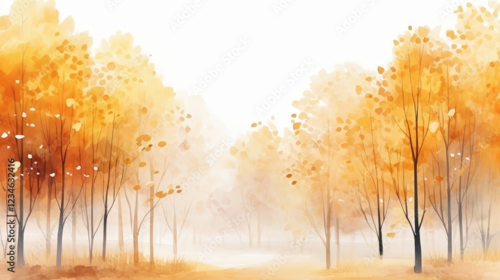 Poster soft and colorful abstract illustration of an autumn forest with gentle trees and warm hues capturin