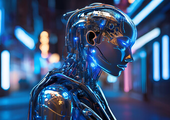 A cybernetic humanoid with a sleek, metallic body and glowing blue circuits