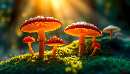 Glowing orange mushrooms, magical forest floor, dew-covered moss, ethereal sunbeams, macro photography, fantasy woodland, vibrant colors, mystical atmosphere, fairytale scene, intricate details, shall