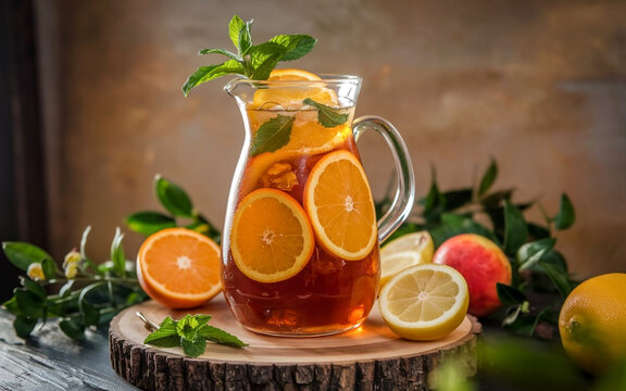 Glass pitcher of iced tea with fresh fruits and ice on table