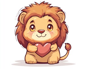 Obraz premium Cute cartoon lion cub holding heart; white background; children's book illustration