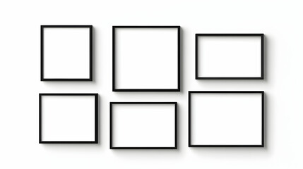 Six empty square frames on white wall; interior design mockup