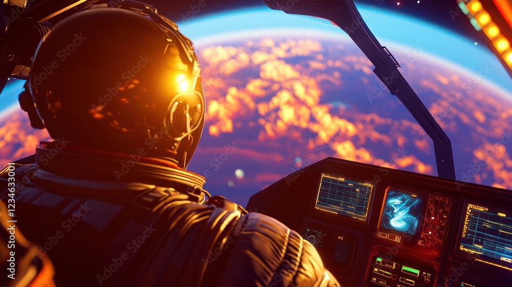 Poster astronaut in spacecraft overlooking colorful planet
