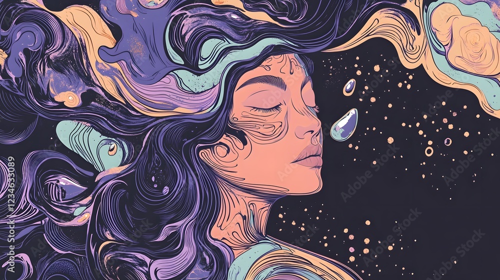Poster surreal cosmic dreamscape with ethereal celestial elements in vibrant hues