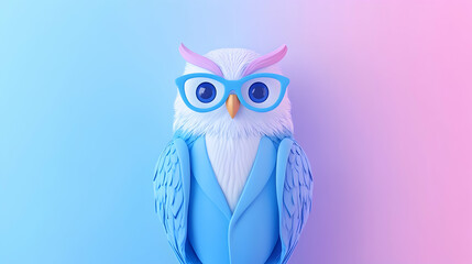 Obraz premium Smart owl in suit, pastel background, knowledge, education concept