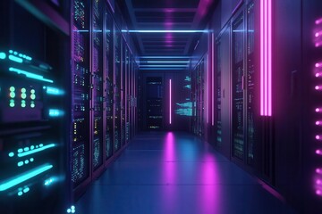 holographic data center visualization with glowing network connections, floating in dark space with blue and purple accent lighting