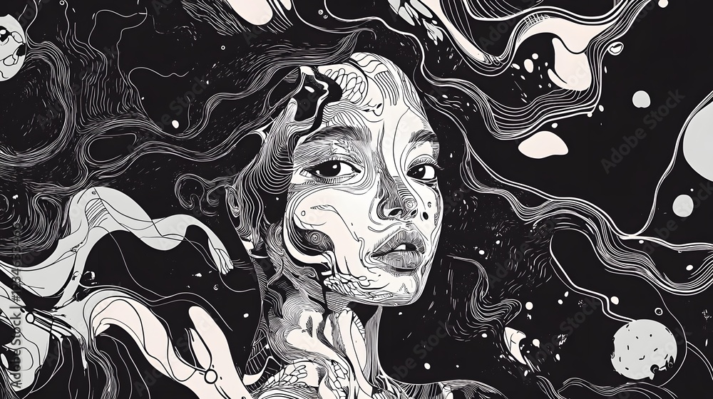 Poster surreal cosmic fluid art ethereal abstract swirls and splatters in moody dark space