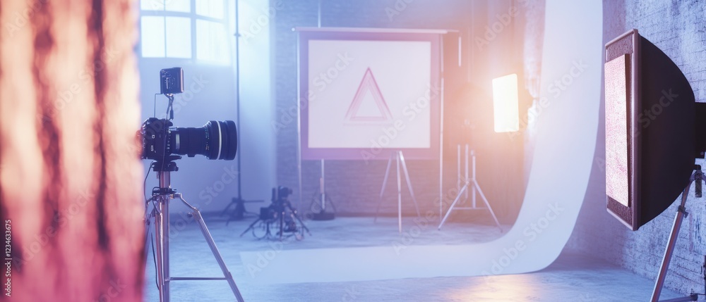Poster photography studio setup with lighting and backdrop display