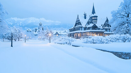 Snowy mansion, winter landscape, alpine mountains background; postcard, calendar