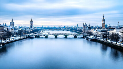 Naklejka premium Snowy London cityscape River Thames, bridges, and iconic landmarks at dawn; perfect for travel brochures