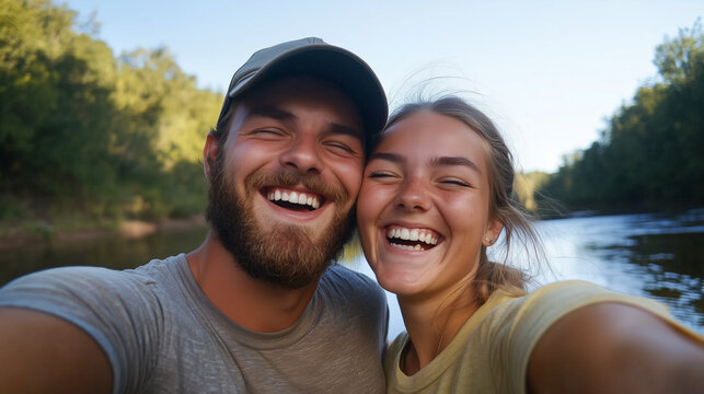 Happy couple enjoying sunny day by river, smiling and taking selfie.
