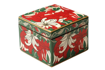 A beautifully crafted gift box adorned with a bold red and green floral pattern, intertwining leaves and petals that enhance its festive appeal. The box is square-shaped with a glossy surface,
