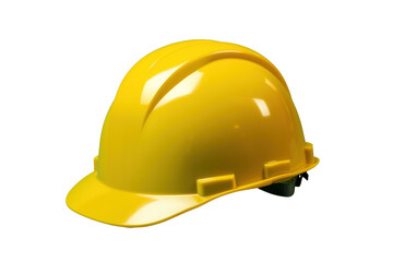 Fototapeta premium A bright yellow hard hat resting on a green backdrop, showcasing its smooth surface and sturdy design. The helmet is angled slightly to the side, emphasizing its shape and features.