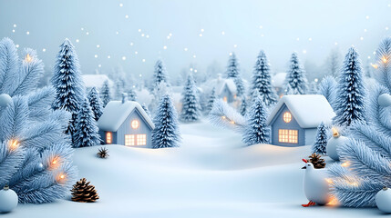 Fototapeta premium Snowy village winter scene, cozy houses, Christmas lights, festive bird decoration, holiday card background