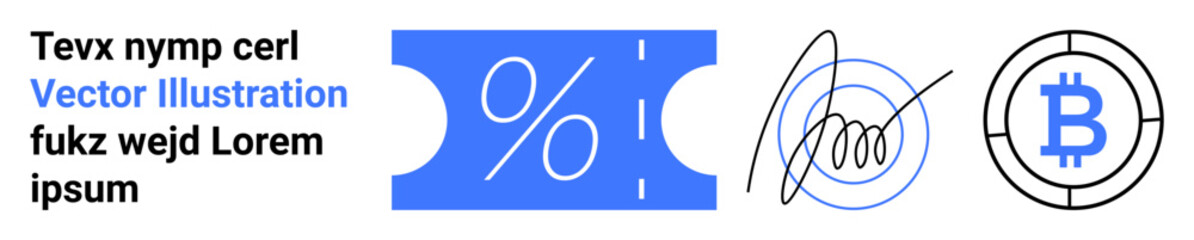 Percentage on a coupon, a digital signature, and a Bitcoin logo. Ideal for cryptocurrency, blockchain, fintech, online transactions, security discounts decentralized finance. Abstract line flat