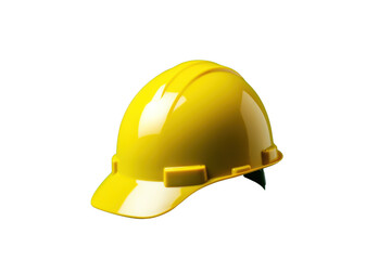 Fototapeta premium A bright yellow hard hat resting on a green backdrop, showcasing its smooth surface and sturdy design. The helmet is angled slightly to the side, emphasizing its shape and features.