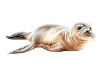 Crabeater seal resting gracefully with silvery-white fur on a bright white background