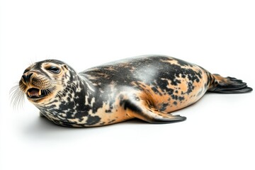 Naklejka premium Leopard seal resting on ice with powerful flippers and sharp teeth visible against a white background
