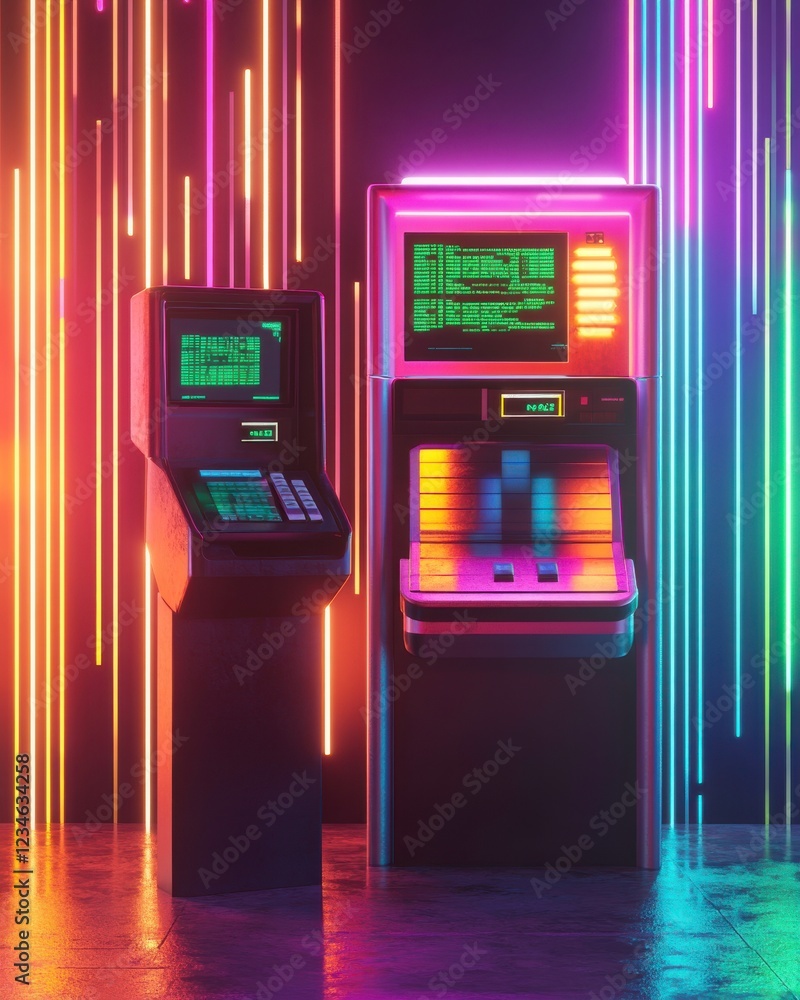 Poster two illuminated atm machines stand against a vibrant, colorful backdrop of vertical neon lines, crea
