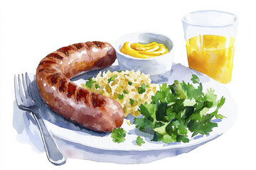 delicious plate featuring grilled sausage, rice, fresh herbs, and mustard, accompanied by refreshing drink