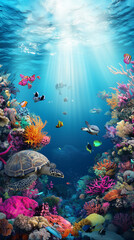Scenic Coral Reef With Sea Turtle Swimming In Sunlit Waters