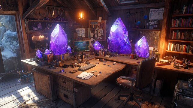 Cozy Wooden Office with Purple Crystals and Rustic Decor Elements