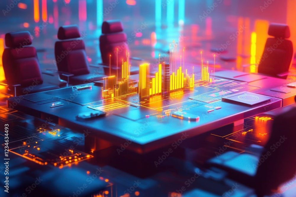 Poster a futuristic digital workspace with colorful data visualizations and sleek chairs, representing adva