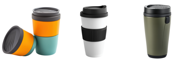 Colorful Reusable Coffee Cups on a Transparent Background