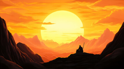Solitary figure meditating at sunset in mountainous landscape; peaceful contemplation, spiritual journey; ideal for meditation, peace, tranquility themes