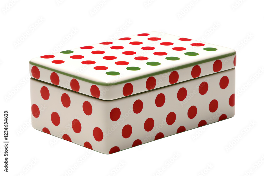 Poster a chic rectangular box showcasing a contrasting red and green polka dot pattern, with playful dots o