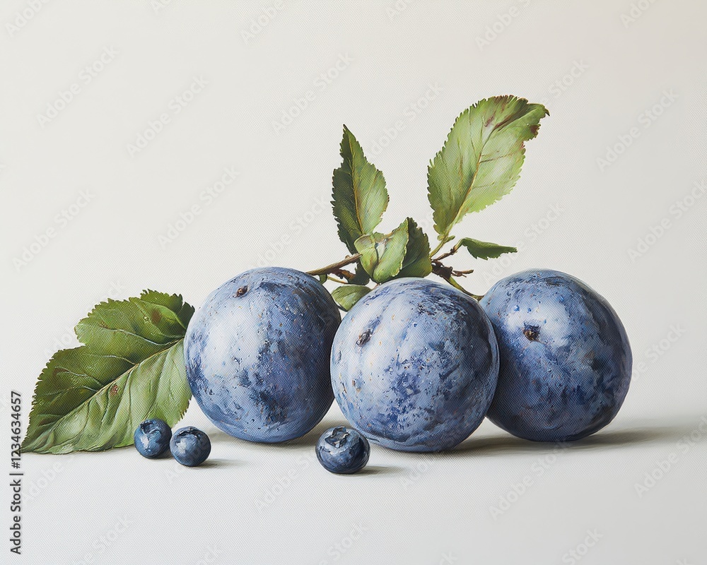 Poster detailed close up of three ripe plums and several blueberries, meticulously rendered with visible te