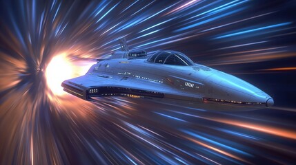 A futuristic spaceship glides through a glowing time travel light tunnel in space.