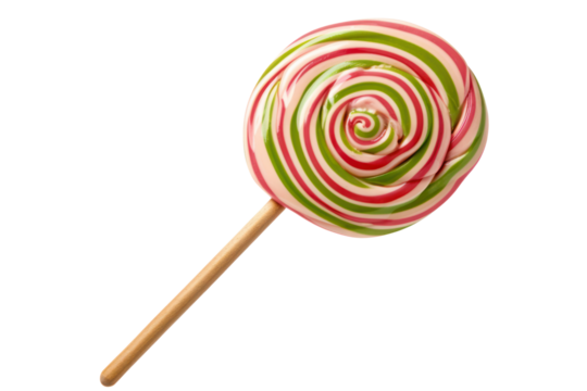 A close-up view of a single large lollipop with a classic swirl pattern, combining rich colors of pink, green, and white. The candy is resting on a wooden stick, emphasizing its shiny texture